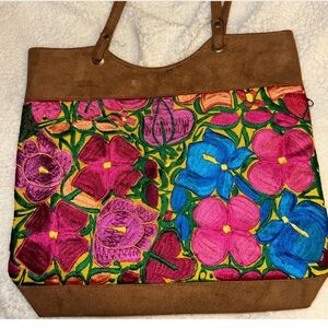 Floral Embroidered Suede Tote Bag